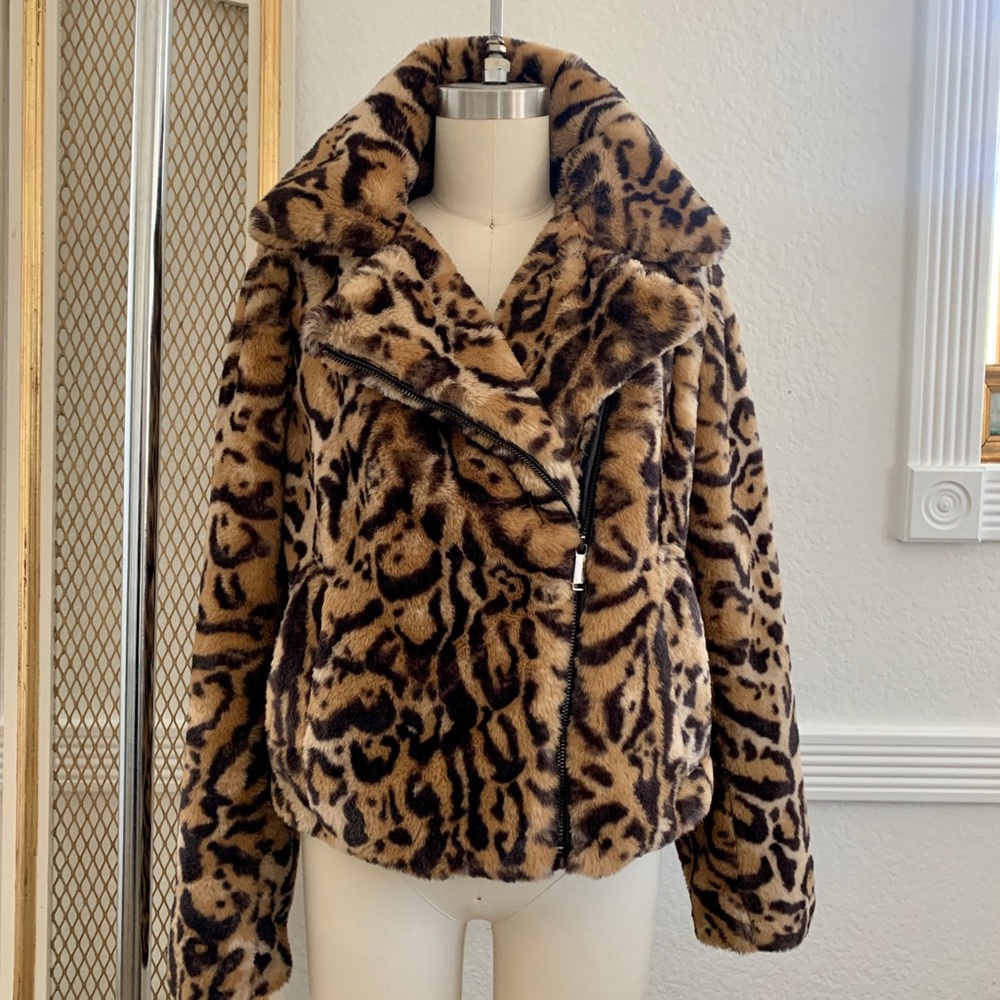 BCBGeneration Women's Brown Leopard Faux Fur Moto Jacket